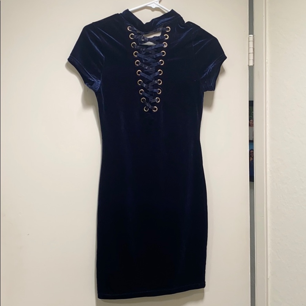 High neck navy blue velvet dress